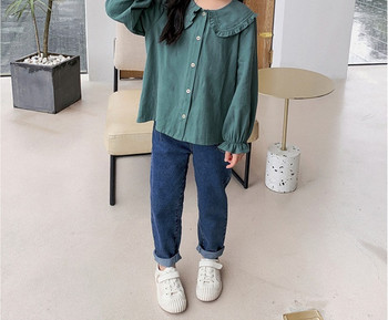 Модерна детска риза с дълъг ръкав и копчета с овално деколте