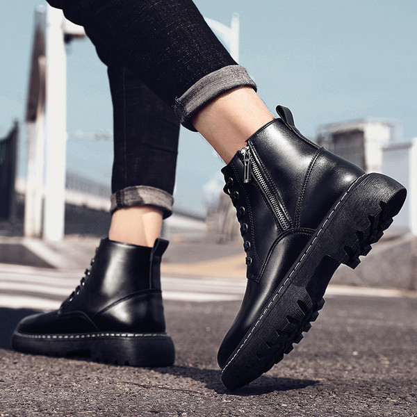 Ανδρικά παπούτσια χειμερινά casual από οικολογικό δέρμα με φερμουάρ και κορδόνια