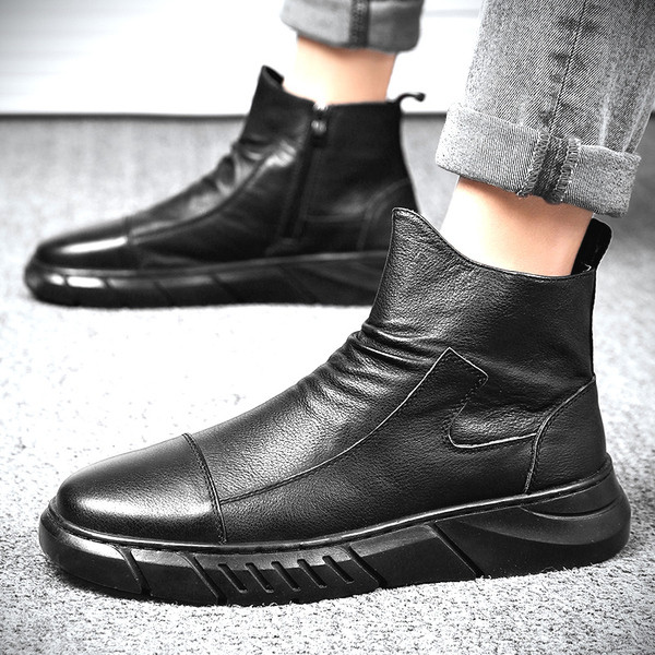 Eko bőrből készült modern férfi csizma lapos talppal