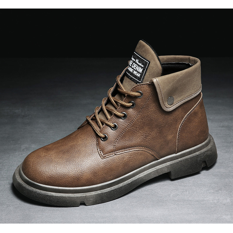 Eko bőrből készült stílusos férfi csizma lapos talppal és fűzővel