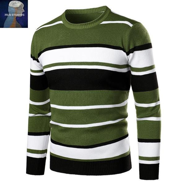 Férfi csíkos pulóver ovális nyakkivágással