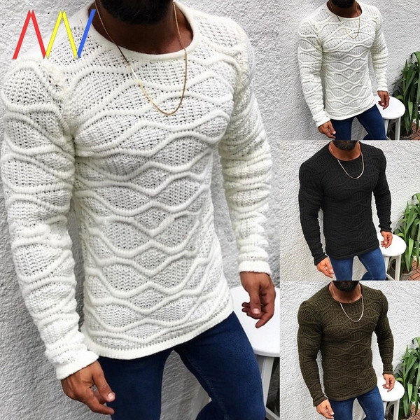 Férfi pulóver dombornyomott kötéssel és ovális nyakkivágással