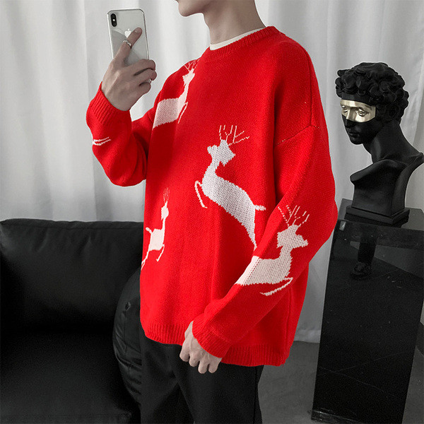 Alkalmi férfi pulóver ovális nyakkivágással és hímzéssel