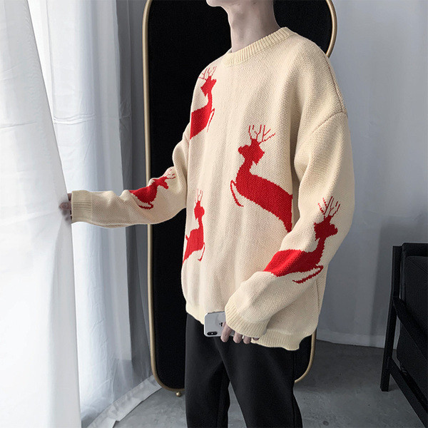 Alkalmi férfi pulóver ovális nyakkivágással és hímzéssel