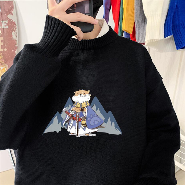 Férfi széles pulóver rátéttel és kerek nyakkivágással