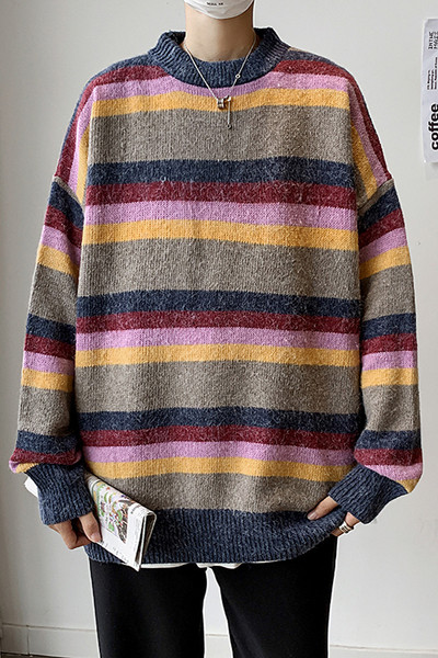 Színes férfi csíkos pulóver kerek nyakkivágással