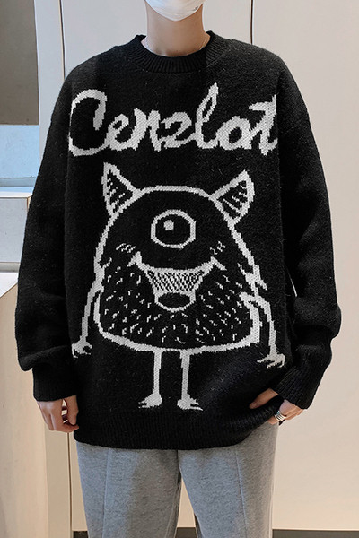 Alkalmi férfi pulóver felirattal és kerek nyakkivágással