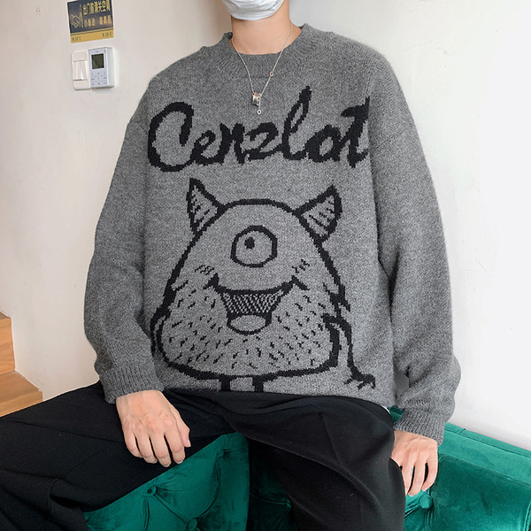 Alkalmi férfi pulóver felirattal és kerek nyakkivágással