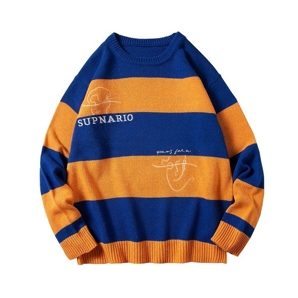 Férfi széles pulóver hímzéssel és kerek nyakkivágással