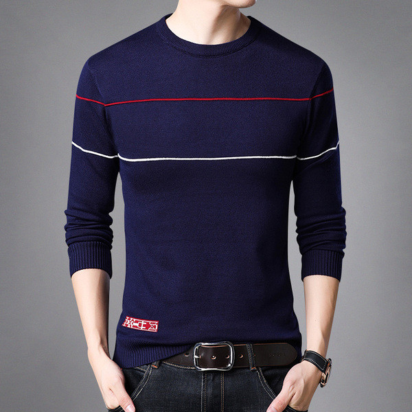 Testhezálló csíkos férfi pulóver ovális nyakkivágással