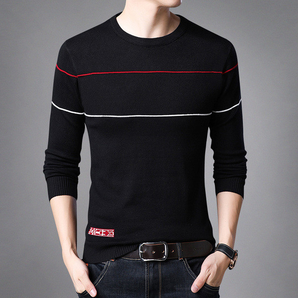 Testhezálló csíkos férfi pulóver ovális nyakkivágással