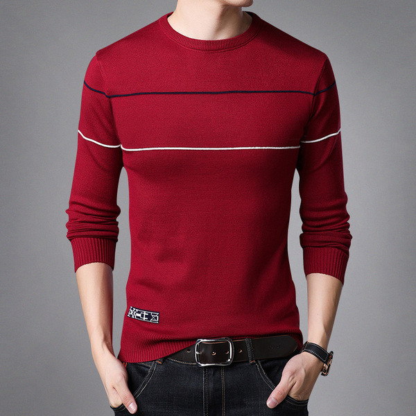 Testhezálló csíkos férfi pulóver ovális nyakkivágással