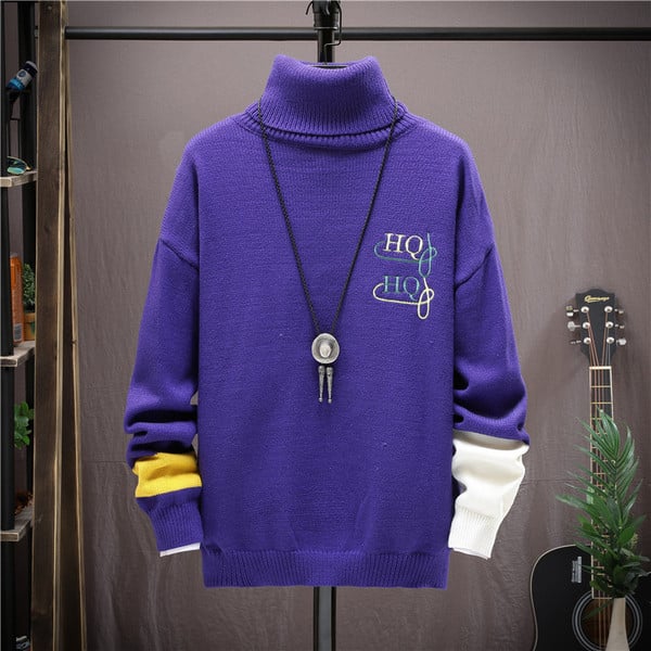 Aktuális férfi pulóver magas polo gallérral és hímzéssel