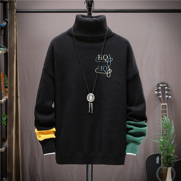 Aktuális férfi pulóver magas polo gallérral és hímzéssel