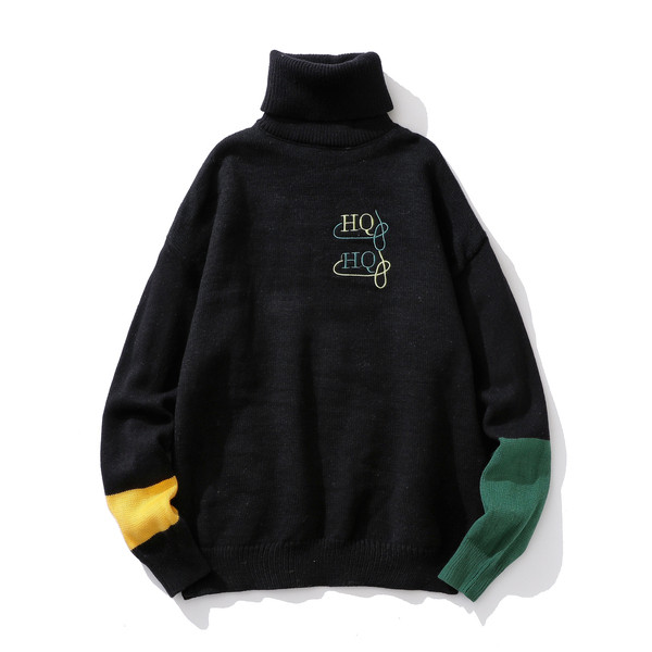 Aktuális férfi pulóver magas polo gallérral és hímzéssel