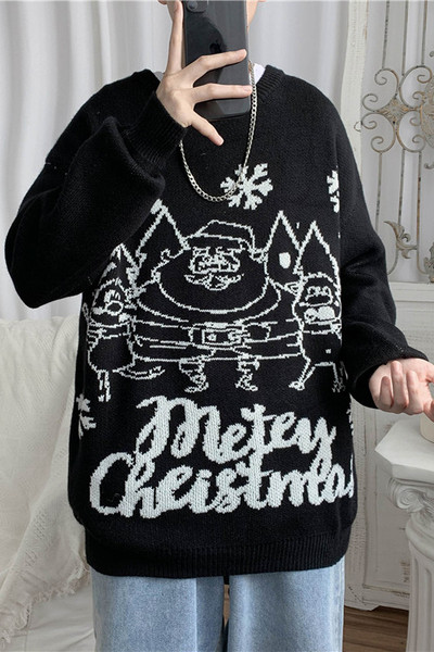 Férfi pulóver feliratokkal és ovális nyakkivágással