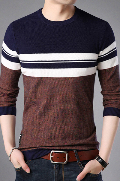 Νέο μοντέλο λεπτό ριγέ φθινοπωρινό πουλόβερ με οβάλ ντεκολτέ