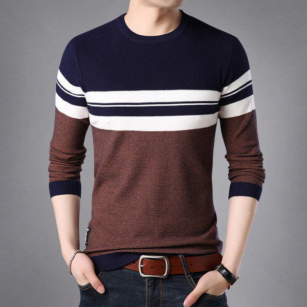 Νέο μοντέλο λεπτό ριγέ φθινοπωρινό πουλόβερ με οβάλ ντεκολτέ