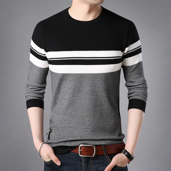 Νέο μοντέλο λεπτό ριγέ φθινοπωρινό πουλόβερ με οβάλ ντεκολτέ