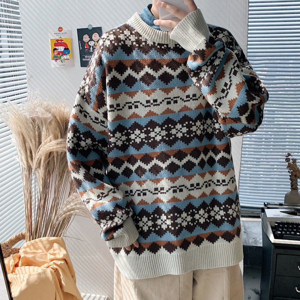 Alkalmi férfi széles pulóver mintával és ovális nyakkivágással