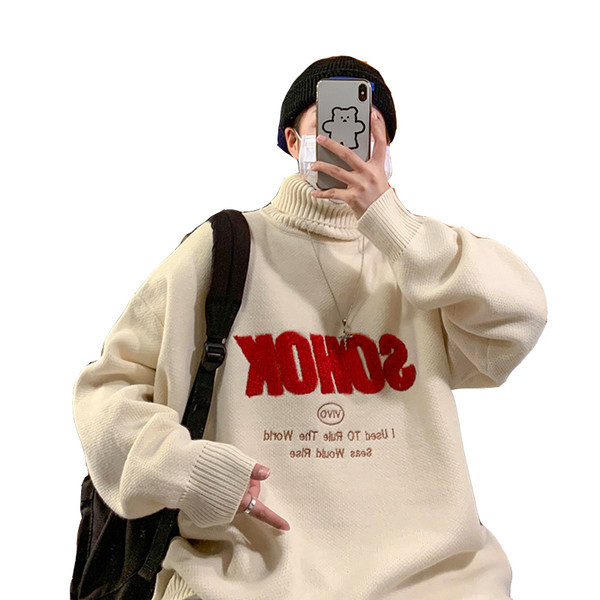 Ανδρικό πουλόβερ casual με ψηλό κολάρο και επιγραφή