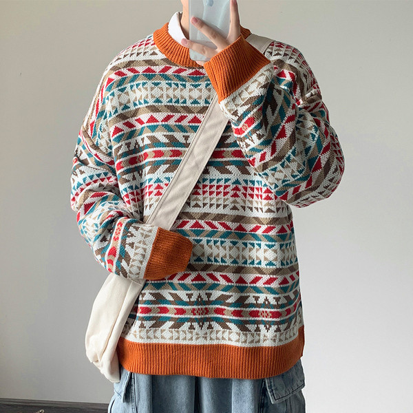 Színes férfi pulóver ovális nyakkivágással - ingyenes modell