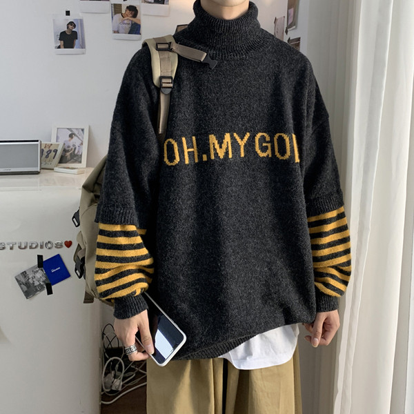 Μάλλινο ανδρικό πουλόβερ με επιγραφή και ψηλό γιακά