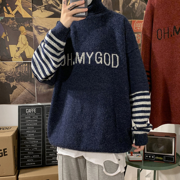 Μάλλινο ανδρικό πουλόβερ με επιγραφή και ψηλό γιακά