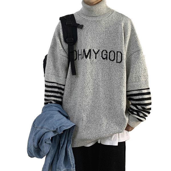 Μάλλινο ανδρικό πουλόβερ με επιγραφή και ψηλό γιακά