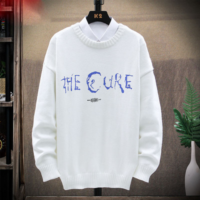 Modern férfi pulóver felirattal, kerek nyakkivágással