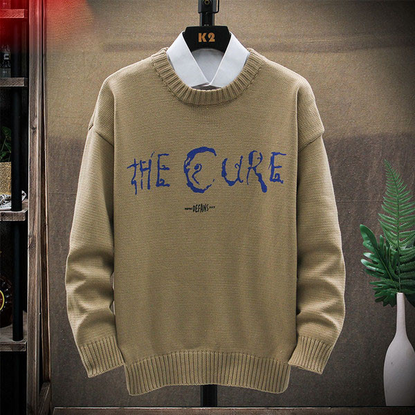 Modern férfi pulóver felirattal, kerek nyakkivágással