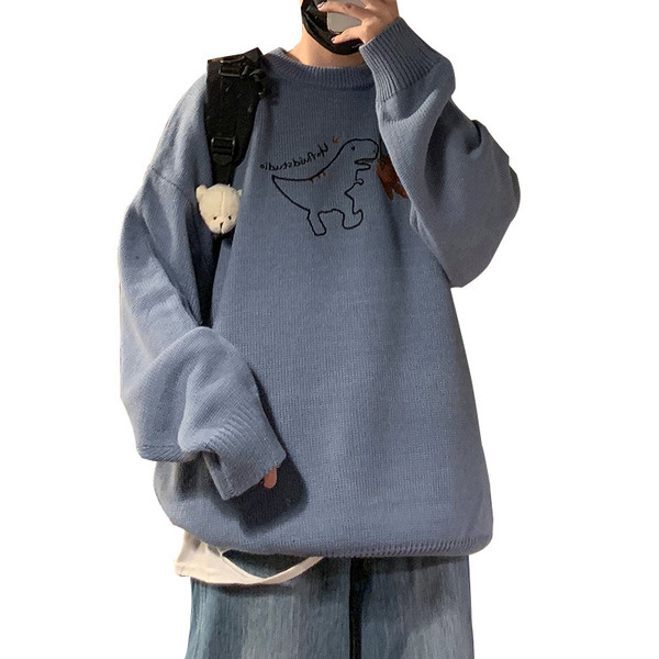 Ανδρικό πουλόβερ με οβάλ λαιμόκοψη και απλικέ δεινοσαύρων
