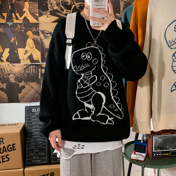 Pleteni muški vuneni džemper s dinosaurusom