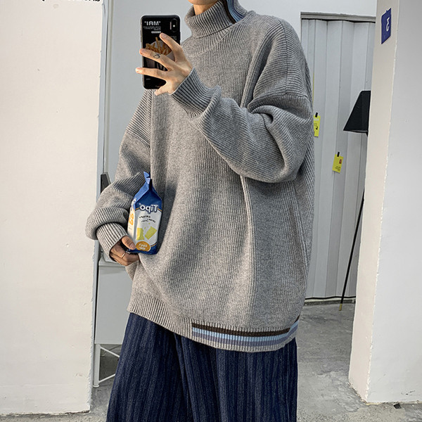 Széles modell férfi kötött pulóver magas gallérral