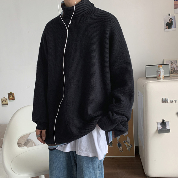 Széles modell férfi kötött pulóver magas gallérral