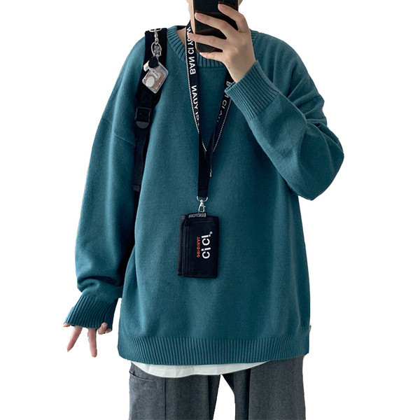 Egyszínű férfi pulóver ovális nyakkivágással - ingyenes modell