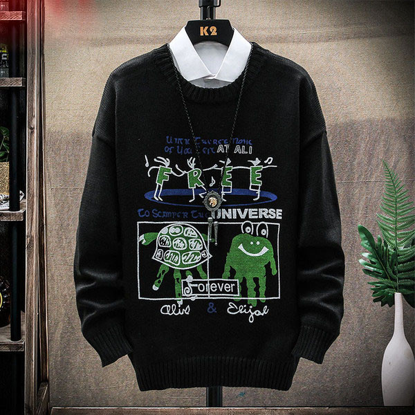 Alkalmi férfi pulóver rátéttel és kerek nyakkivágással