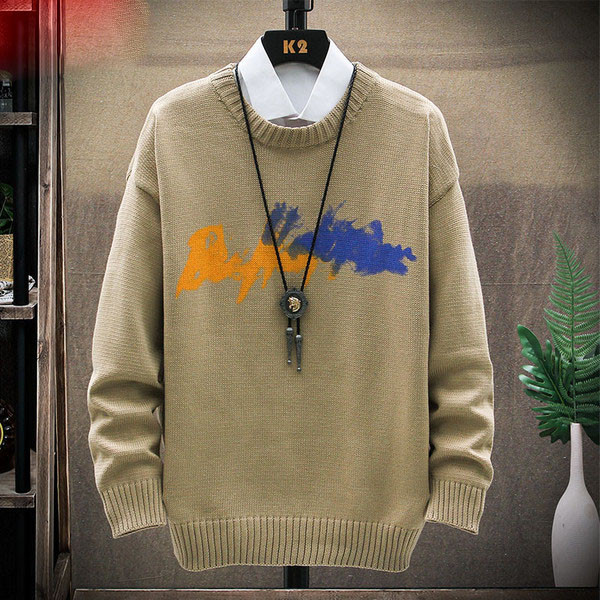 Ανδρικό μοντέρνο πουλόβερ με επιγραφή και στρογγυλή λαιμόκοψη