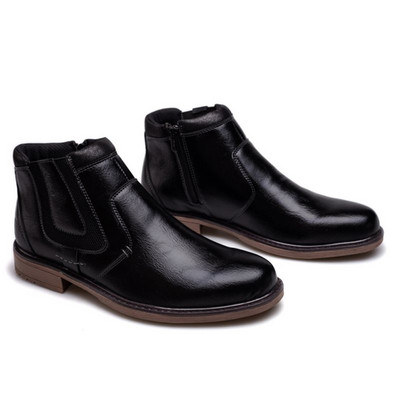 Ανδρικές χειμερινές μπότες από οικολογικό δέρμα με επίπεδη σόλα και φερμουάρ