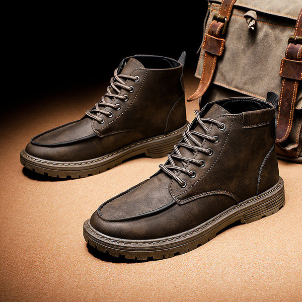 Öko bőrből készült férfi téli csizma fűzővel, lapos talppal