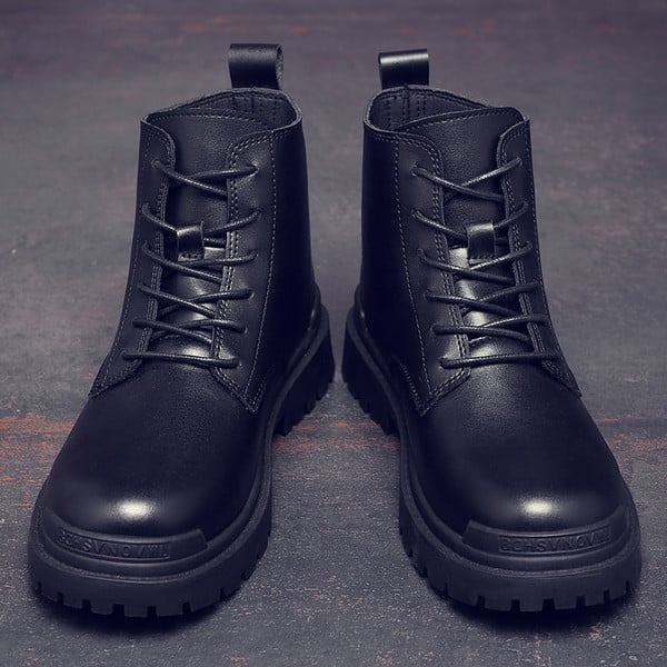 Ανδρικές οικολογικές δερμάτινες μπότες με κορδόνια σε μαύρο χρώμα