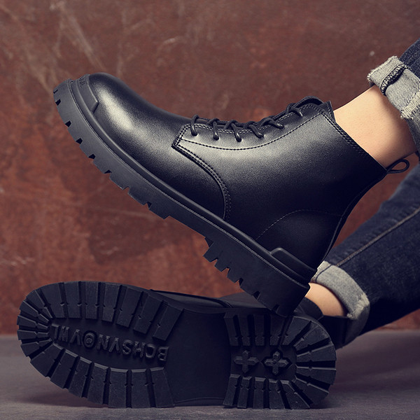 Ανδρικές οικολογικές δερμάτινες μπότες με κορδόνια σε μαύρο χρώμα