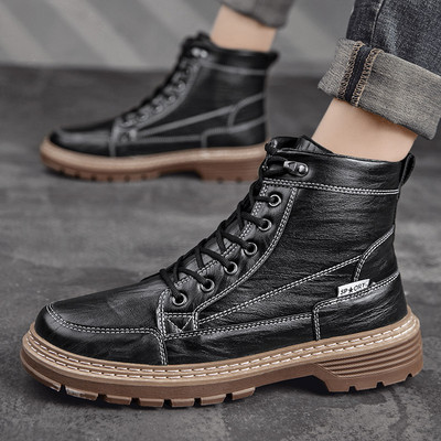 Ανδρικές έκο  δερμάτινες μπότες με κορδόνια και επένσυση