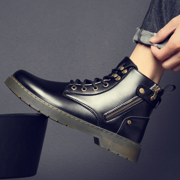 Ανδρικές έκο δερμάτινες μπότες με κορδόνια και φερμουάρ σε μαύρο χρώμα