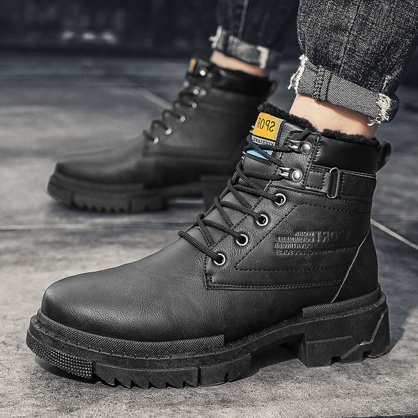 Öko bőrből készült férfi téli csizma fekete fűzővel