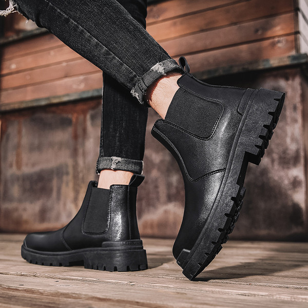 Öko bőrből készült férfi őszi csizma elasztikus sima modellel