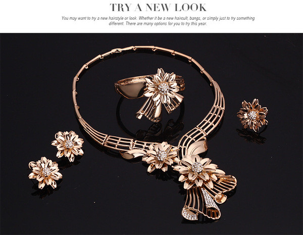 Stílusos gyűrűs karkötő nyaklánc és fülbevaló dekoratív virágokkal