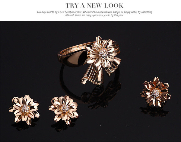 Stílusos gyűrűs karkötő nyaklánc és fülbevaló dekoratív virágokkal