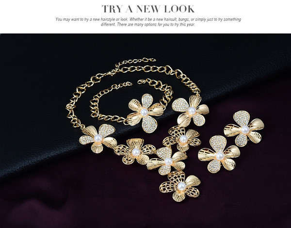 Naiste moodne dekoratiivsete lilledega kaelakee-sõrmuskõrvarõngaste ja käevõru komplekt