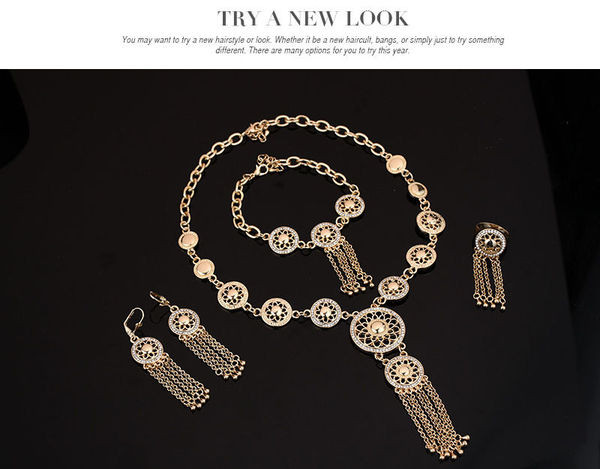 Stiilne kaelakee sõrmuse käevõru ja kõrvarõngaste komplekt